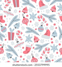 Pattern with Christmas symbols. Vector seamless texture with candy canes, Christmas tree toys, snowflakes, Santa Claus hat in flat style. Template for wrapping paper