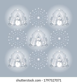 Pattern christmas theme. Snowman, fir forest, falling snow, star and flake. Vector illustration.