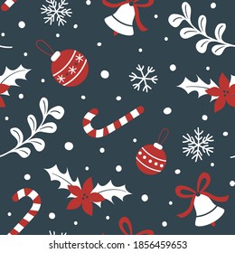 Сhristmas pattern. Christmas toys, candy canes, snowflakes, bells, poinsettia. Design for wrapping paper.