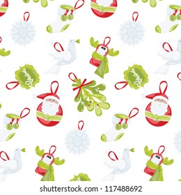 Pattern with Christmas toys Santa Claus, reindeer, tree, socks, snowflake, twig Amelie