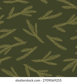 Patrón con ramas de árbol de Navidad para el papel de embalaje de vacaciones del año Nuevo o textil. Linda textura sin fisuras con ramas de abeto sobre fondo verde. 