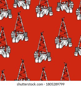 Pattern with a Christmas tree, gifts, lights. Festive background for children and adults. Christmas. One of a series of handmade liner graphics. For wallpaper, textile, design, banner. Isolate