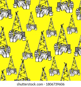 Pattern with a Christmas tree, gifts, lights. Festive background for children and adults. Christmas. One of a series of handmade liner graphics. For wallpaper, textile, design, banner. Isolate
