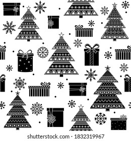 Patrón de árbol de Navidad con regalos ornamentales y copos de nieve, ilustración vectorial en blanco y negro en estilo plano, impresión, textil, diseño, decoración, fondo, tapiz