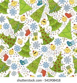 Pattern with Christmas tree, snowflake and chicken for winter holidays design. Template for postcards, greetings, advertisements, covers, gift packaging, web design