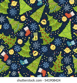 Pattern with Christmas tree, snowflake and chicken for winter holidays design. Template for postcards, greetings, advertisements, covers, gift packaging, web design