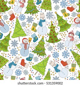 Pattern with Christmas tree, snowflake and snowman for winter holidays design. Template for postcards, greetings, advertisements, covers, gift packaging, web design