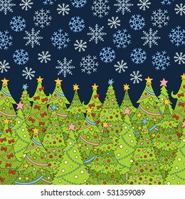 Pattern with Christmas tree and snowflake for winter holidays design. Template for postcards, greetings, advertisements, covers, gift packaging, web design