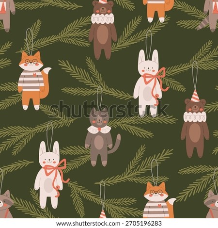 Pattern with Christmas tree toys. Cute seamless texture with animals on spruce tree. Cartoon characters in vintage costumes. Vector illustrations in flat style for holiday New Year wrapping paper