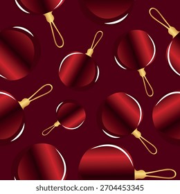 pattern with Christmas tree toys, namely Christmas balls with a beautiful red gradient with a gold tail on a red background, for holiday printing, applications or textiles