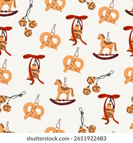 Pattern with Christmas tree wooden decoration elements: cookies, horse, bells. Eco Christmas. Perfect for scrapbooking, greeting card, party invitation stickers. New Year`s decorations
