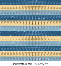 Pattern with Christmas trees and blue and beige stripes. Vector stylized winter illustration. For packaging, prints, fabrics, flyers, shops, brochures and covers.