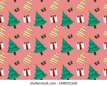 Pattern of Christmas trees, cakes and giftboxes