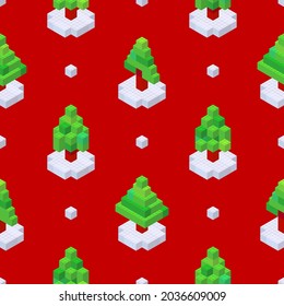 Pattern of Christmas trees collected from cubes on a red background in isometric style. Vector illustration.