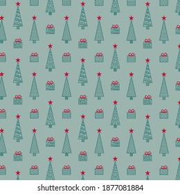 pattern with christmas trees and gift boxes on light turquoise background