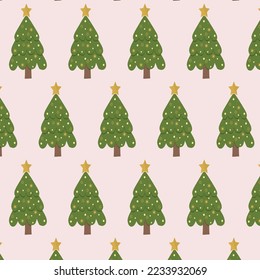 Pattern of Christmas trees New Year fir tree decorated Flat style Vector illustration isolated on light pink background