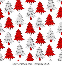 pattern of Christmas trees in red and white colors, stylized as doodle art. The trees are depicted in a flat style using contours, painted in red and white colors. Seamless texture of nature Christmas