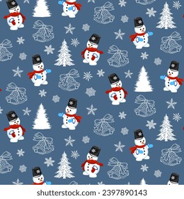 Pattern with Christmas trees and snowmen.Vector seamless pattern with snowmen, fir trees and Christmas bells on a colored background with snowflakes.