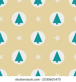 Un patrón de árboles de Navidad y estrellas se muestra sobre un fondo bronceado. Los árboles son azules y blancos, y las estrellas son blancas. El patrón es simple y alegre, evocando una sensación de alegría navideña