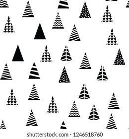 Pattern Christmas trees triangular shape on white background. Different design trees for decoration New Year or Christmas pattern