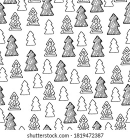 Pattern with Christmas trees. Vector illustration. Ink graphics.