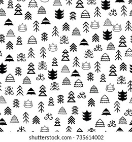 Pattern with Christmas trees for your design.Hand drawn Merry Christmas and Happy New Year doodle seamless pattern