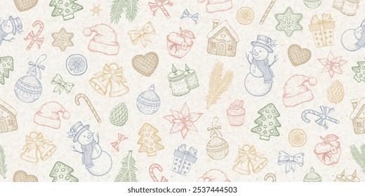 Pattern for Christmas. Vector Xmas background. Seamless doodle. Craft paper winter decoration. Sketch vintage pattern with snowflake, star, Christmas tree illustration. Merry Xmas ornament hand drawn