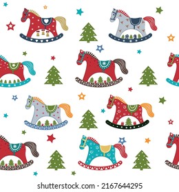 A pattern with a Christmas wooden horse. Color vector illustration