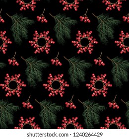 pattern Christmas wreath of pine needles with berries vector