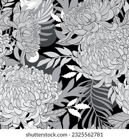 pattern with chrysanthemum, black and white