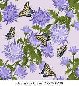 Pattern with chrysanthemums and butterflies.Vector pattern with bouquets of chrysanthemums and butterflies.