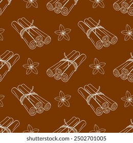 Pattern with cinnamon sticks and vanilla flower white contour drawing on brown background