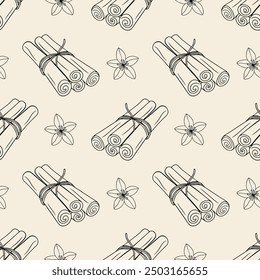 Pattern with cinnamon sticks and vanilla flower doodle outline drawing on pastel beige background
