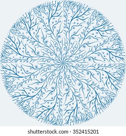 The pattern in the circle. Branches with snowflakes. Vector background.