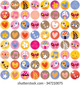 pattern circles cute hearts birds flowers mushrooms nature design elements