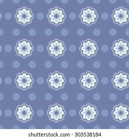 The pattern in circles and flowers; background of dots and daisies