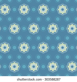 The pattern in circles and flowers; background of dots and daisies