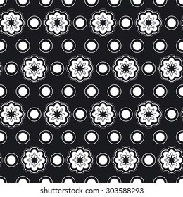 The pattern in circles and flowers; background of dots and daisies
