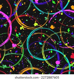 Pattern with circles, paint brush strokes, spattered paint of neon bright colors. Virtual abstract background. Grunge style for sports goods, prints, clothing, t shirt design