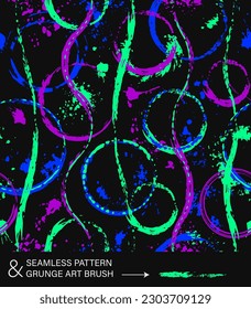 Patrón con círculos, pinceladas de pincel, líneas onduladas, pintura salpicada de colores brillantes neones. Fondo abstracto virtual. Estilo ondulado para artículos deportivos, impresiones, ropa, diseño de camisetas, envoltura de vinilo.
