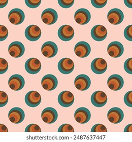 A pattern of circles in various colors and sizes. The circles are arranged in a way that creates a sense of depth and movement. Scene is playful and whimsical