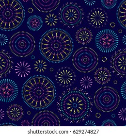 Pattern of circles-fireworks, bright circles on blue background.
