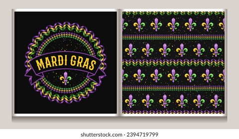 Pattern, circular label with strings of beads, party streamer, fleur de lis sign, ribbon, text. Vintage illustration for Mardi Gras carnival. For prints, clothing, t shirt, holiday goods, stuff design