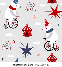 Pattern the circus bear. Cute circus animals. Can be used for circus performance, birthday party, carnival. Vector background.