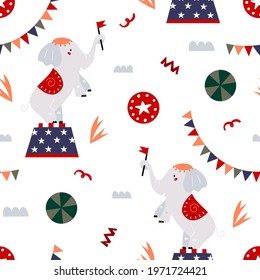 Pattern the circus elephant. Cute circus animals. Background for use in design, packing, web site, fabric. Vector background.