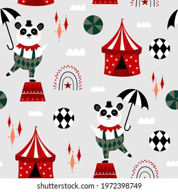 Pattern the circus panda. Cute circus animals. Design for nursery, fabric printing, postcard, poster, packaging. Carnival wrapping paper