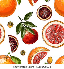 Pattern with citrus fruits orange. Vector food sketch. Exotic food drawings