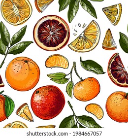 Pattern with citrus fruits orange. Vector food sketch. Exotic food drawings