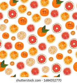 El patrón de frutas cítricas naranjas y pomelo sobre fondo blanco es uniforme sin costuras