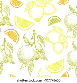 Pattern. Citrus pattern. Lemon pattern. Orange pattern. Lime pattern. Fruits pattern. Hand drawn seamless vector pattern. Engraving sketch illustration on white background. White pattern